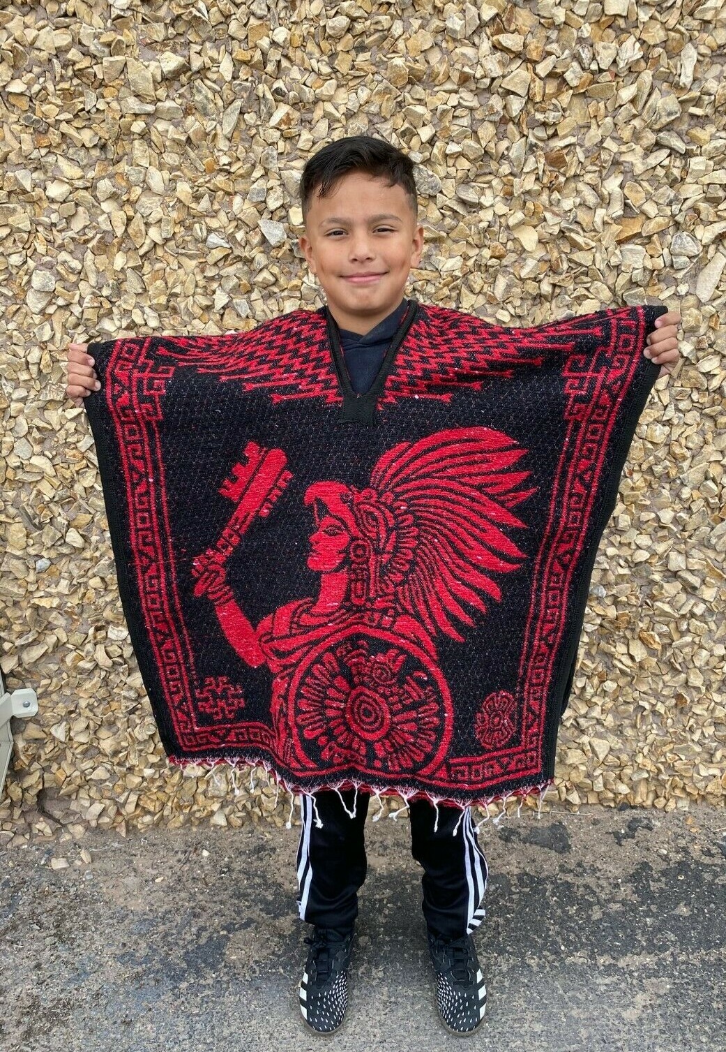 KIDS PONCHO, AZTECA ,COSTUME , BLANKET GABAN ,6-12 YEARS , NEW , BLACK – RED