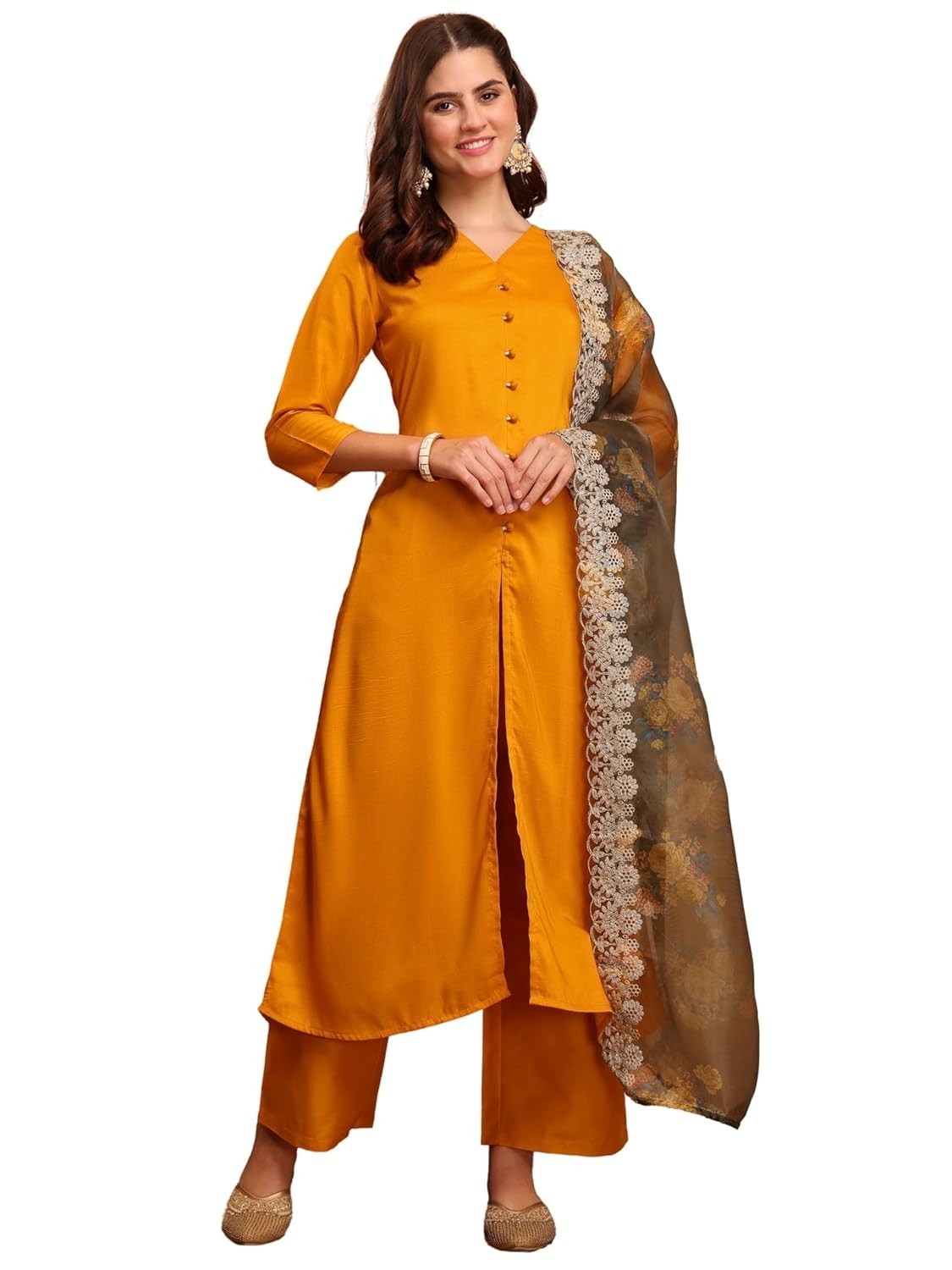 Women’s Cotton Silk Solid Hight Front Slit A-Line Kurta Palazzo &Organza Dupatta