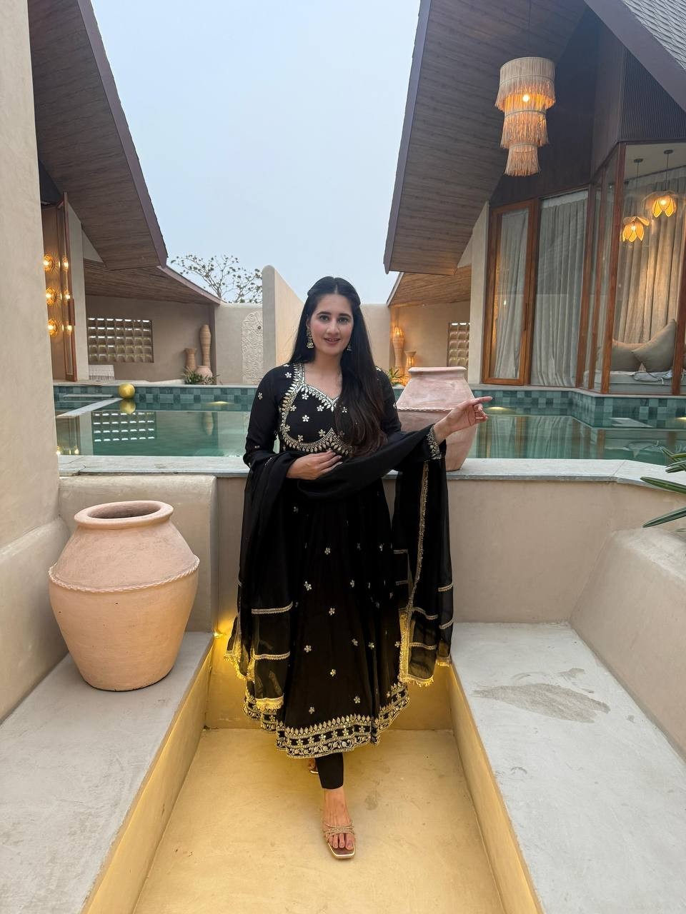 Stunning Heavy Vichitra Silk Black Gown Bottom With Dupatta For Function Wear