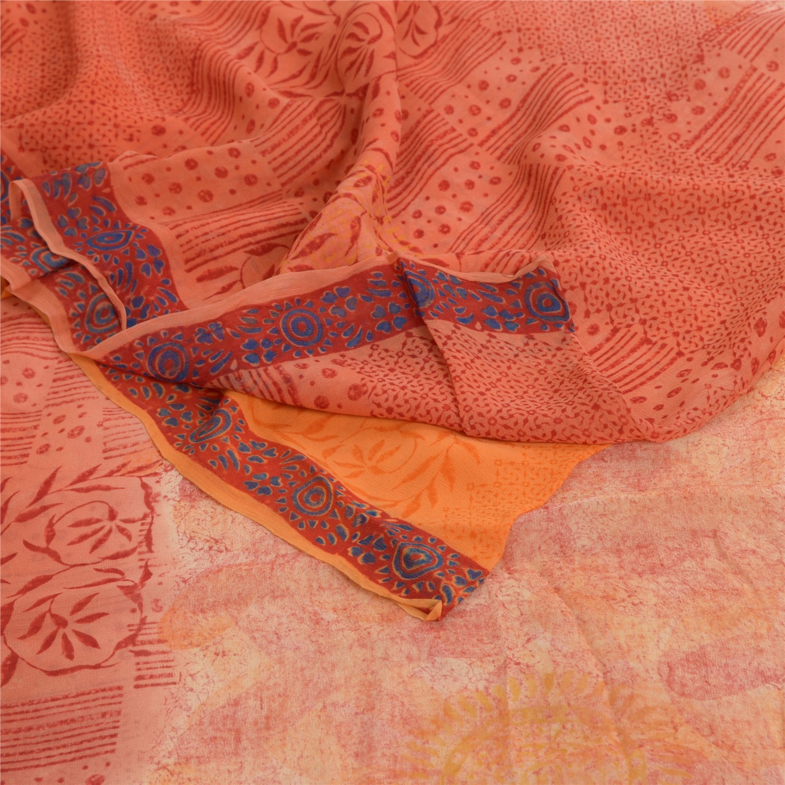 Sanskriti Vintage Orange Sarees Blend Chiffon Printed Sari Craft 5 Yard Fabric