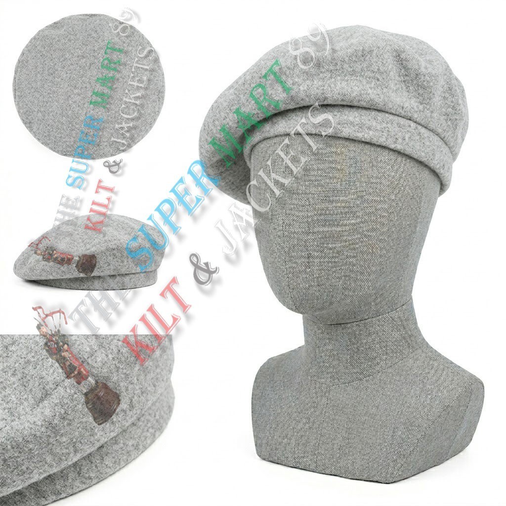 Scottish Traditional Highlander Military Tam Hat Light Gray 100%Wool Beret Hat