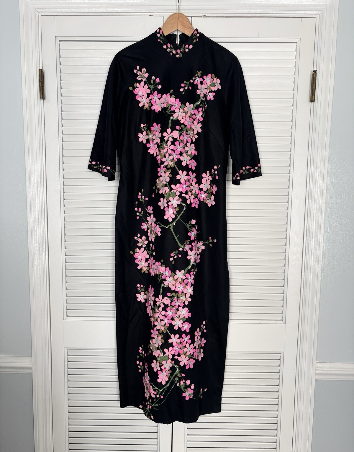Alfred Shaheen Women’s Satin Cheong-sam Dress Black Pink Floral Print Size M/L