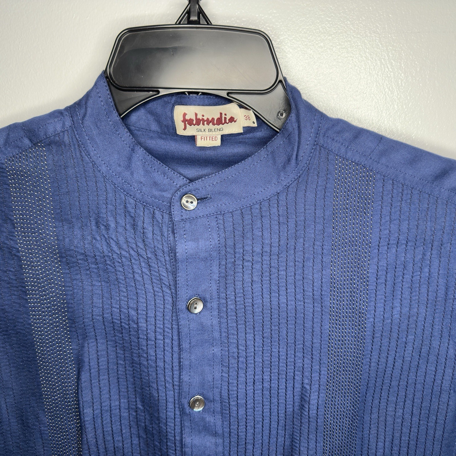 Fabindia Men’s Kurta Fitted 38 Pleated Silk Blend Button Front Pockets Navy Blue