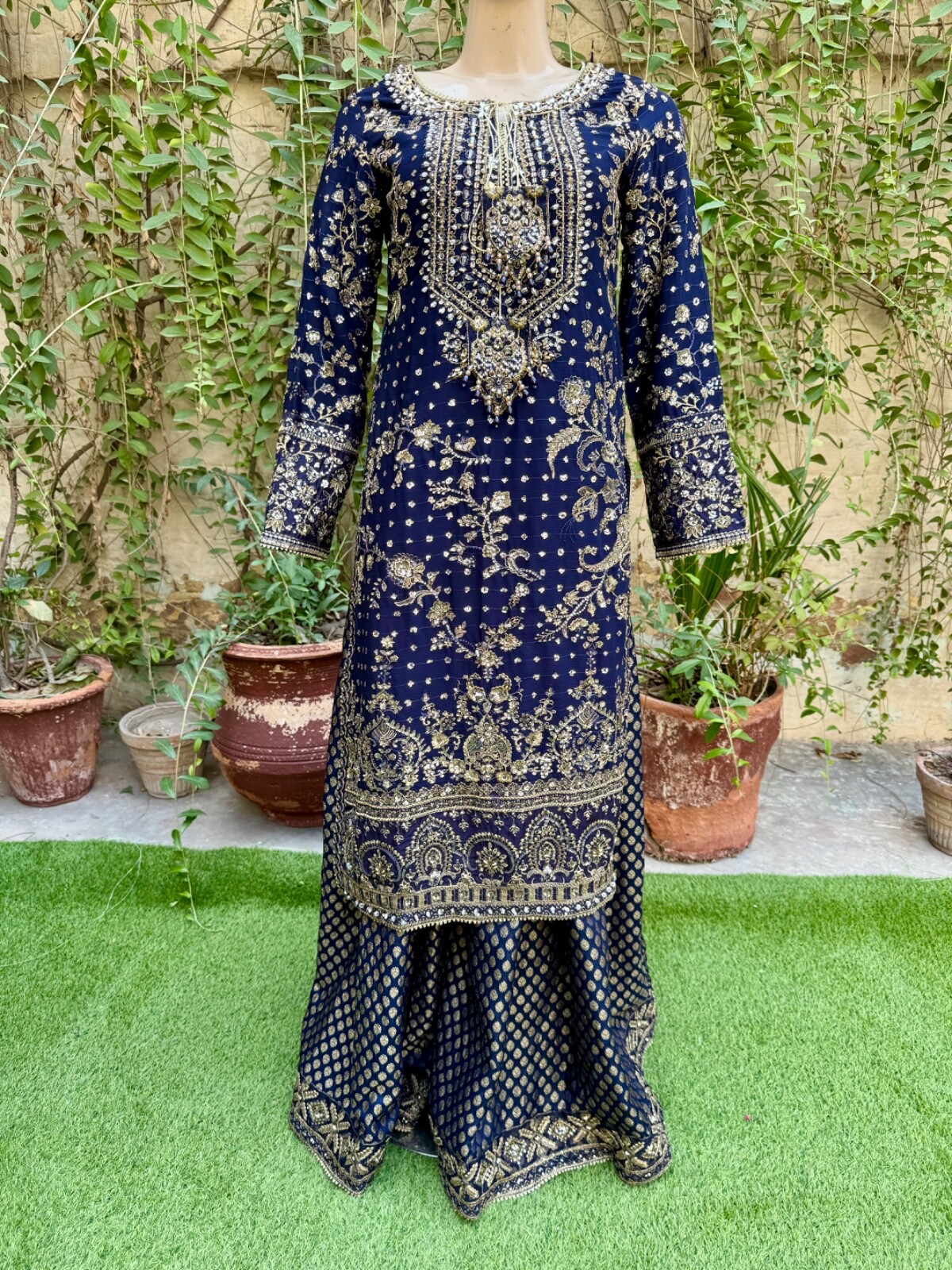 Pakistani Navy Blue Straight Style Embroidered Sequins Chiffon Sharara Dress,S