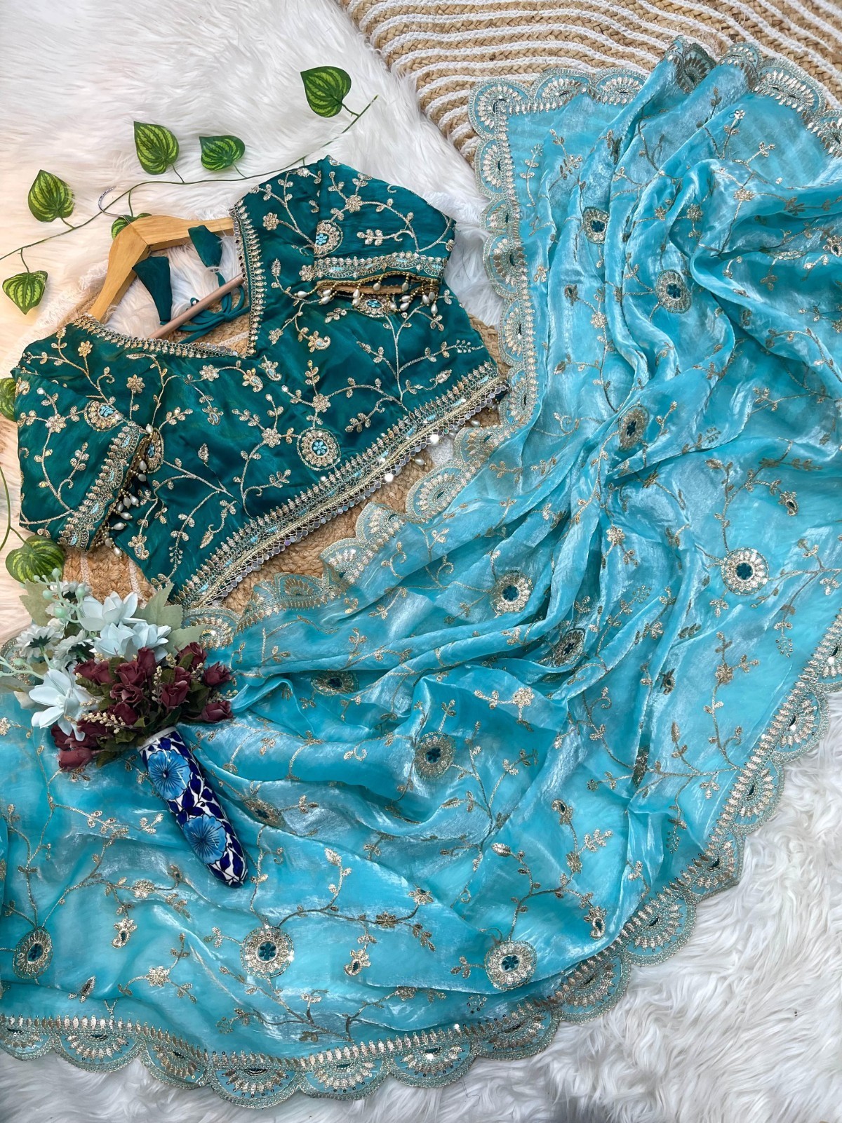 Peacock Teal & Sky Blue Organza Saree With Heavy Embroidered Blouse