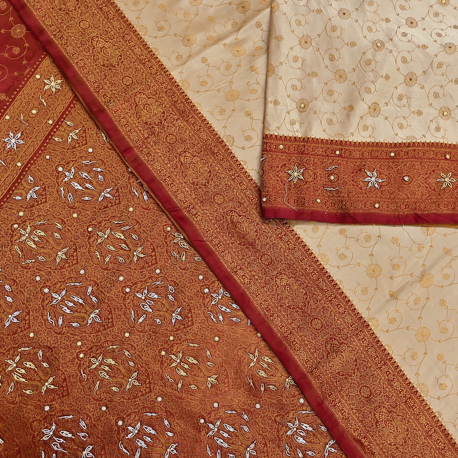 Indian Vintage Beige & Maroon Heavy Saree Pure Satin Silk Hand Embroidered 5yd