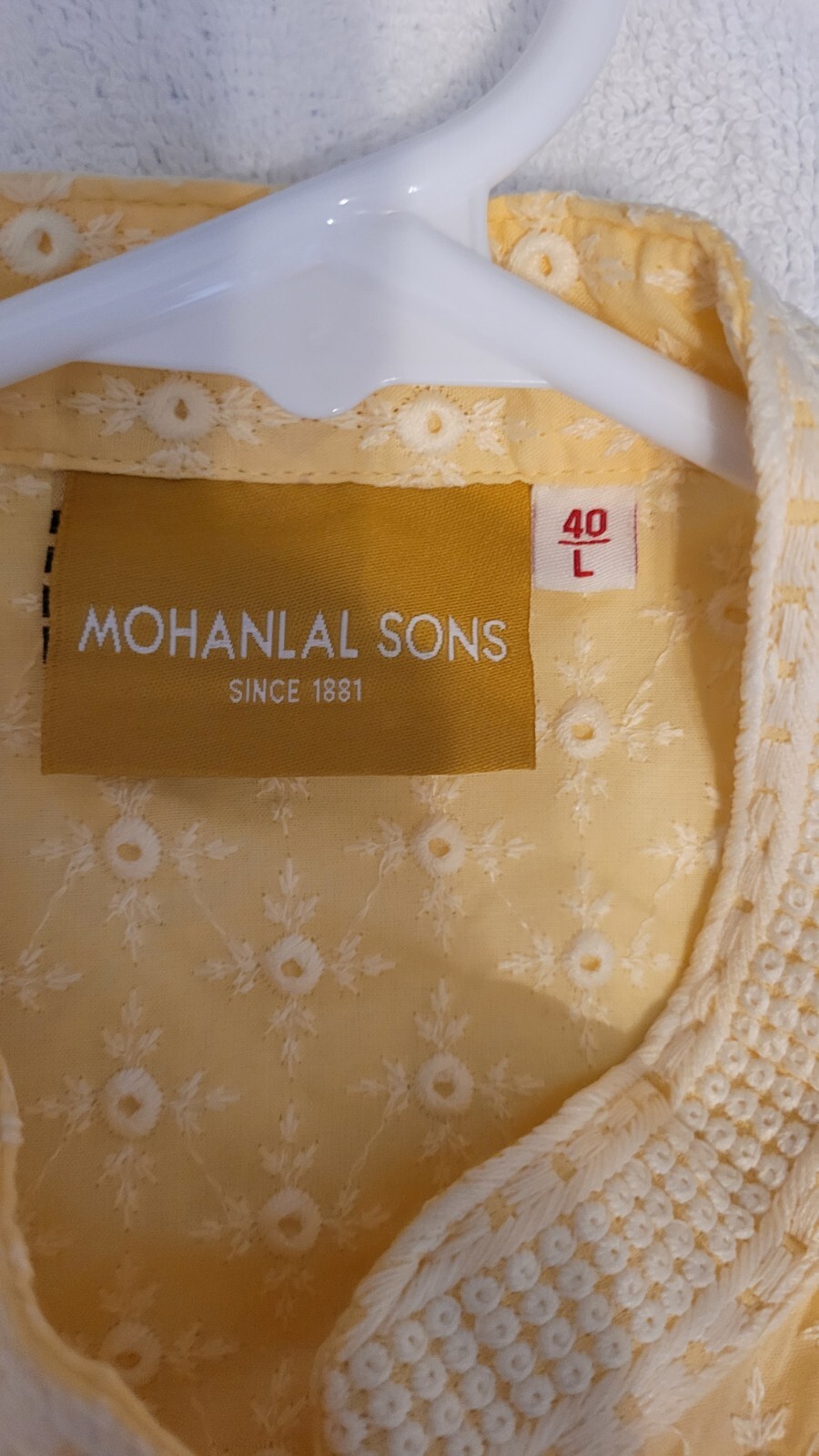 Mohanlal Sons Mens Tunic Georgette Kurta Yellow Eyelet Embroidered Large 40
