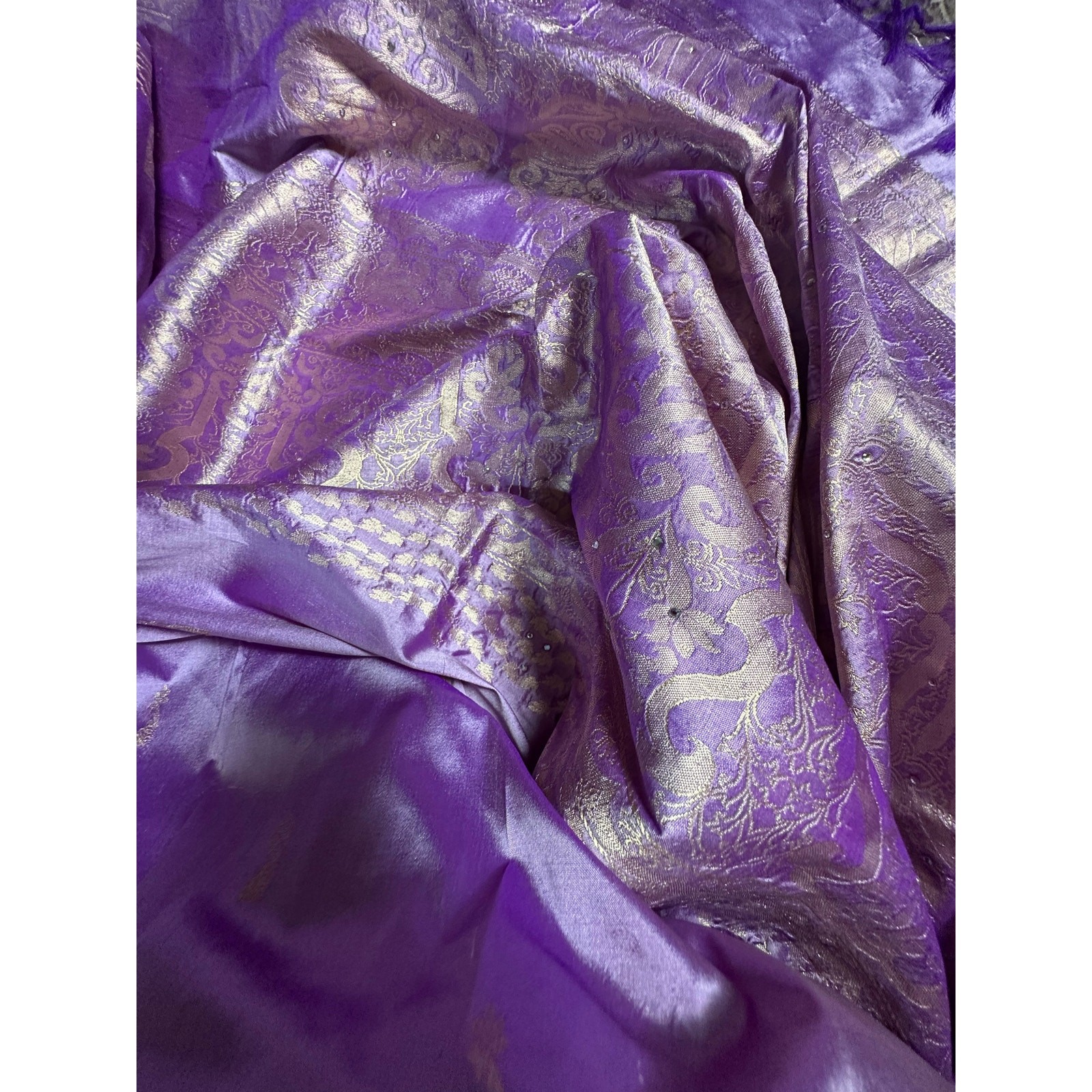 Silk saree lavender gold Paisley brocade 204×46” sari stunning luxurious