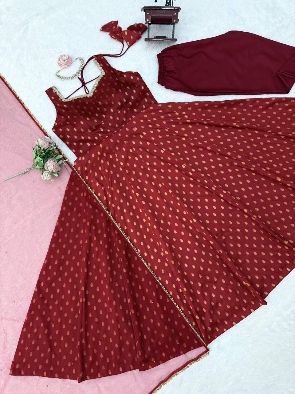 New Chanderi Jacquard Butti Maroon Gown Bottom With Dupatta For Function Wear