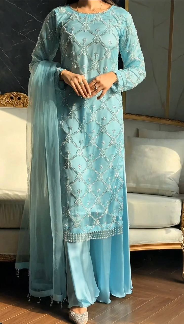 Latest New Heavy Soft Net Sky Blue Top Palazzo With Dupatta For Wedding Wear