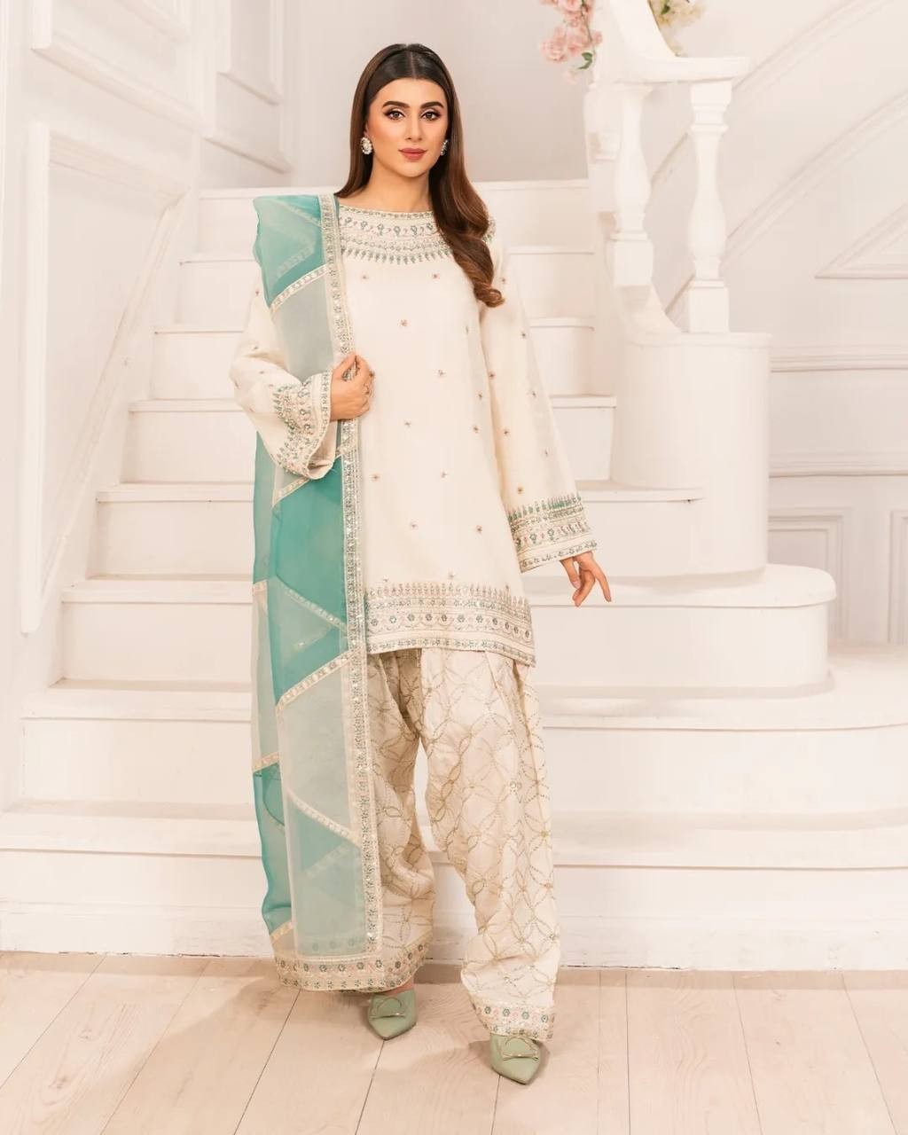 Luxury Natural Crepe Embroidered Top & Farshi Plazzo Set with Organza Dupatta
