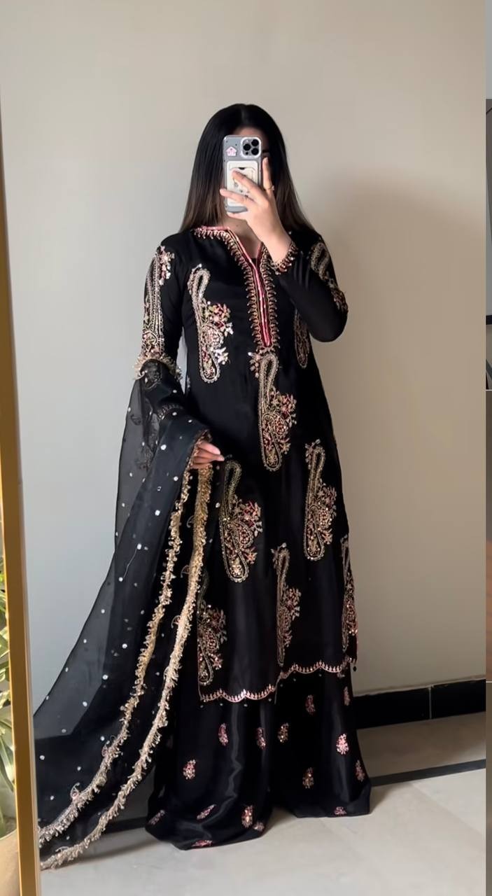 Stunning Look Black Chinnon Silk Kurta Palazzo With Dupatta For Women