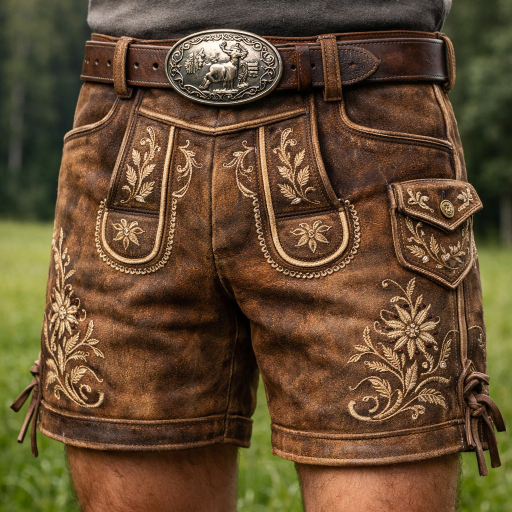 Men’s Handmade Bavarian Lederhosen Shorts – Distressed Brown Suede Leathe