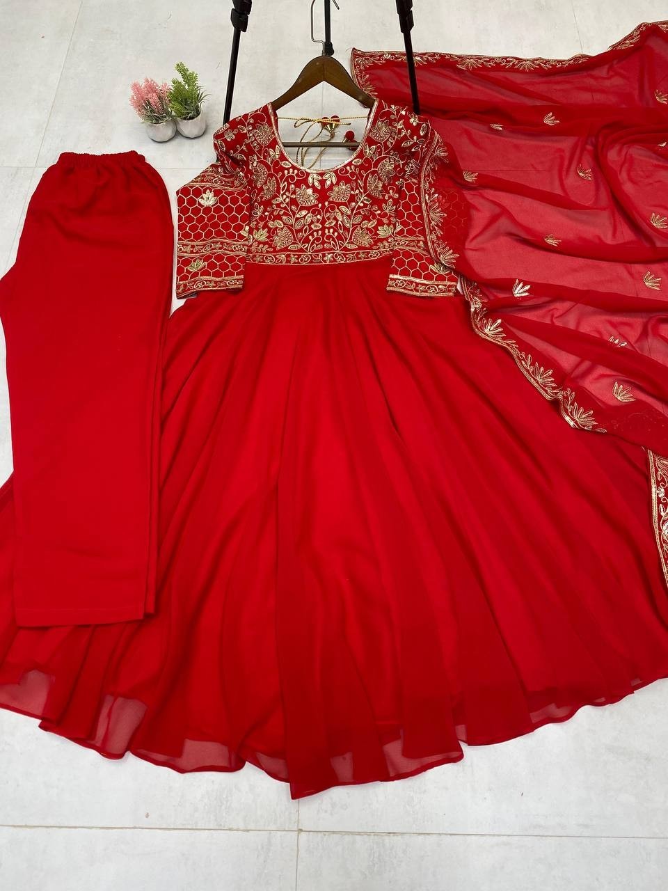 DESIGNER AND EMBROIDERED GOWN AND PANT PAIR WITH DUPATTA IN GEORGETTE