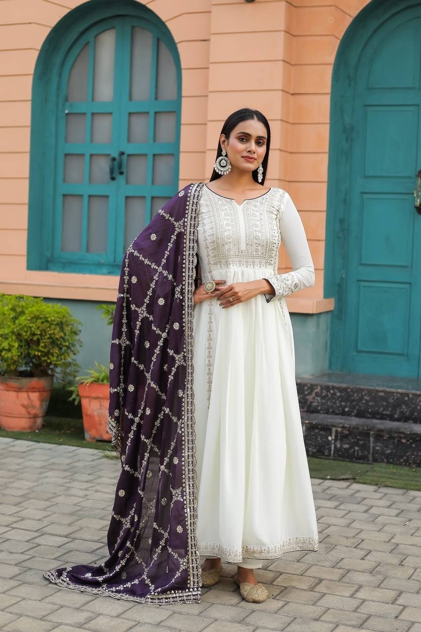 Elegant Flair White & Purple Anarkali Set with Tassels, Micro Cotton Lining