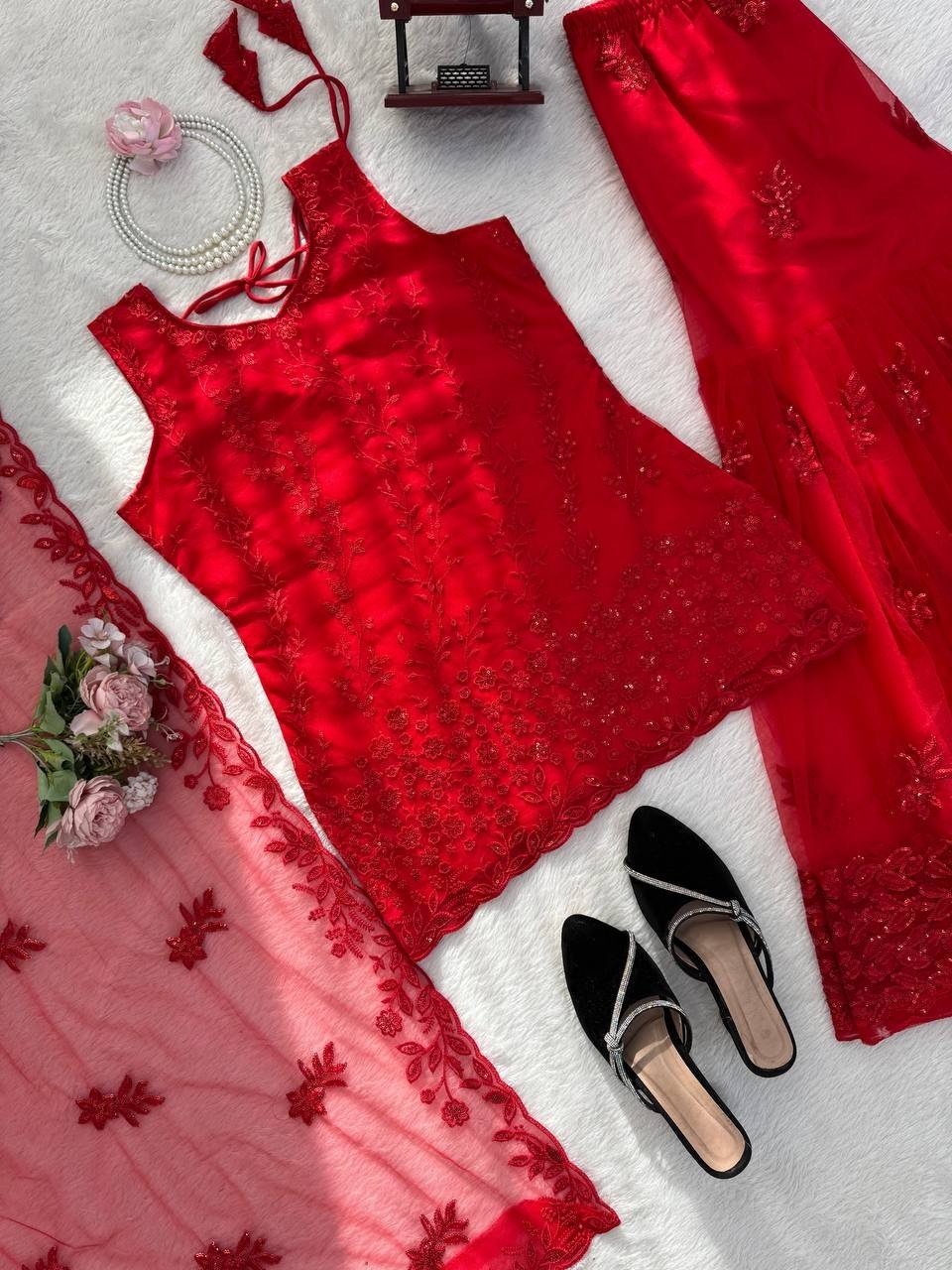 Beautiful Heavy Soft Net Red Top Palazzo With Dupatta For Indian Festival Wear