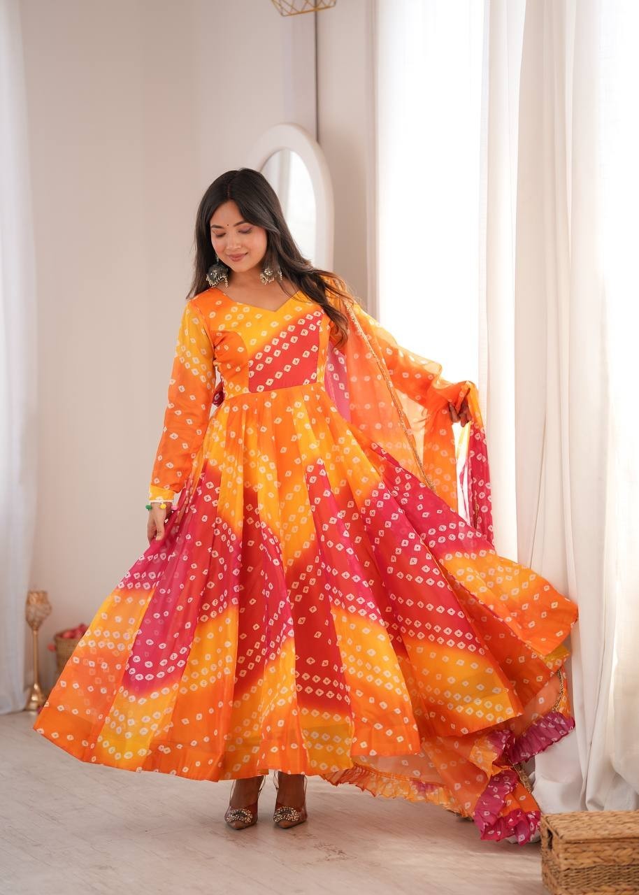 Printed Tabby Organza Gown Pant Dupatta Set Bandhani Flared Anarkali Suit Pack