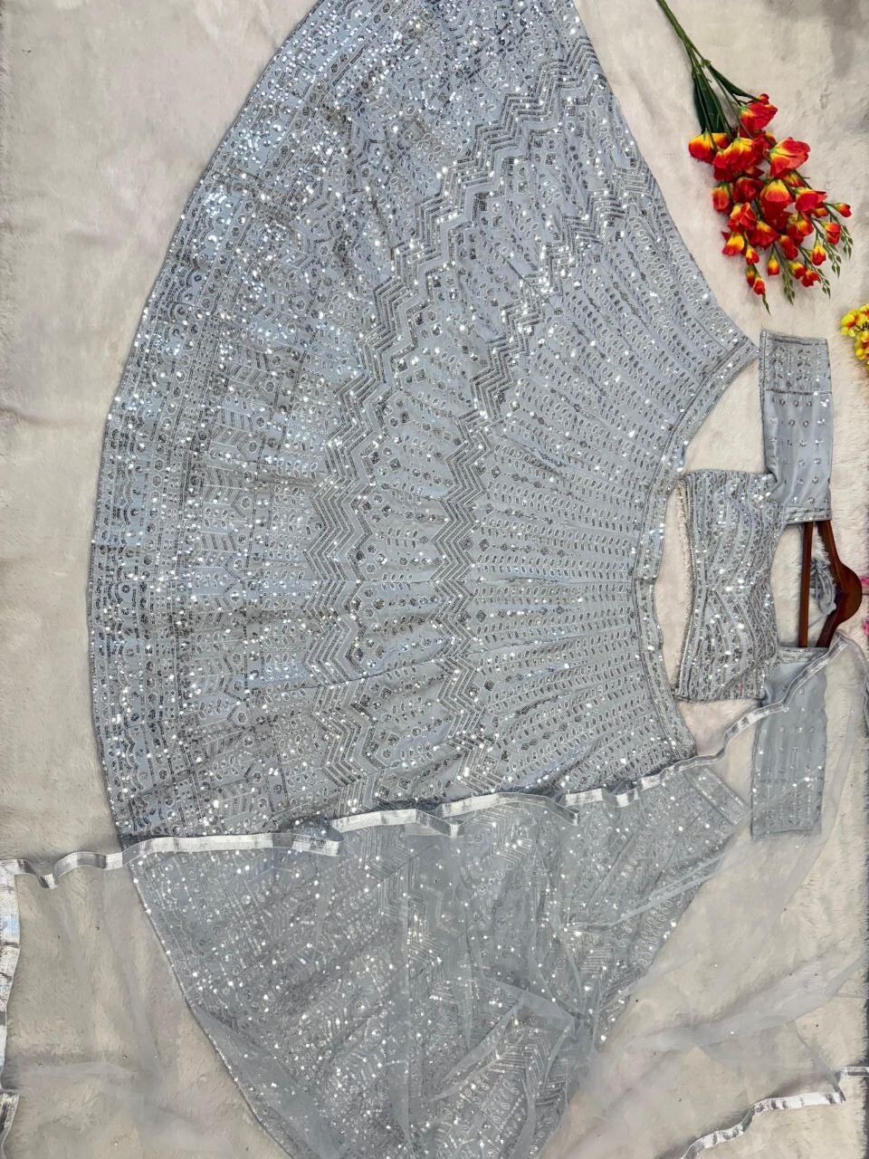 Attractive Look Rangoli Silk Grey Lehenga Choli With Dupatta For Wedding Wear