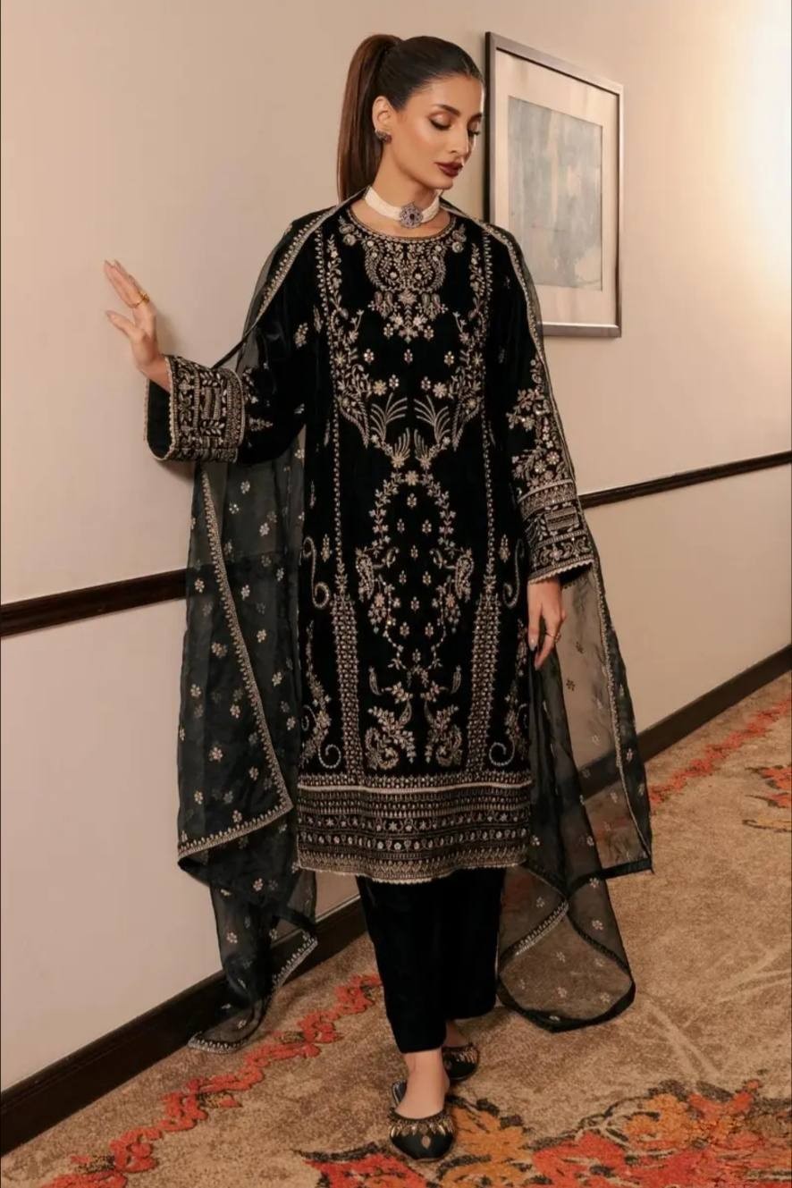 Korean Satin Silk Black Salwar Kameez With Dupatta For Indian Functional Wear