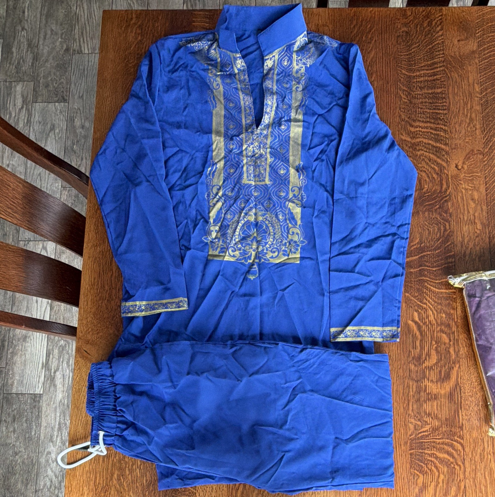 Men’s Blue Cotton Salwar Kameez Set with Embroidery Traditional Outfit size M