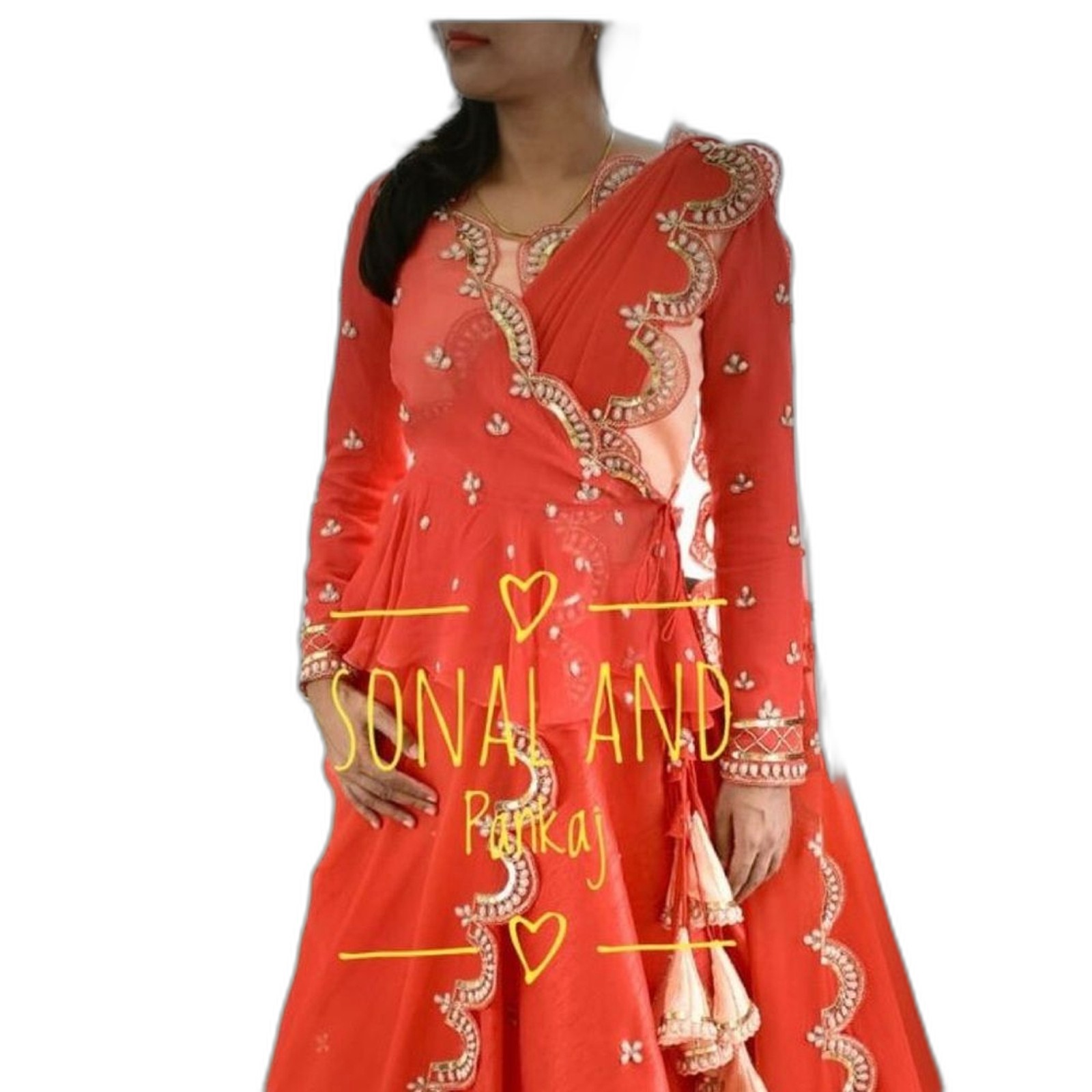 Embroidered Gold Pearl Accent 100% Silk 3 Pcs Peach Mandarin Color Lehenga Set