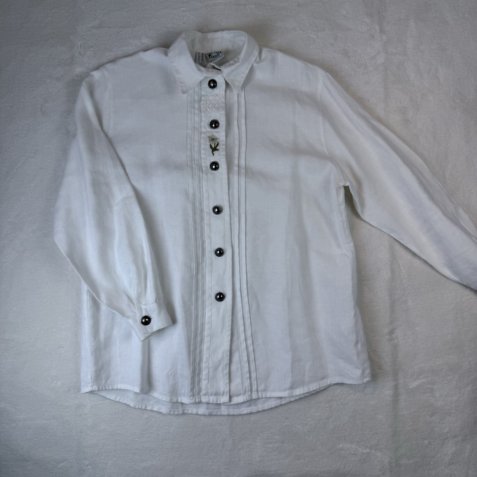 HAMMERSCHMID White Flower Embroidered Linen Long Sleeve Button Up Shirt Mens 38