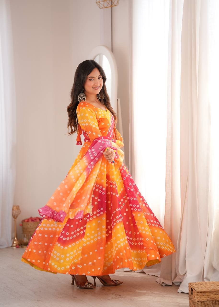 Printed Tabby Organza Gown Pant Dupatta Set Bandhani Flared Anarkali Suit Pack