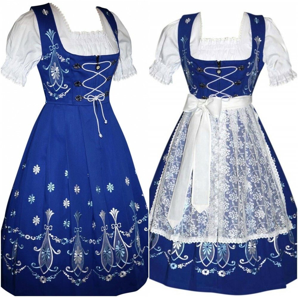2XL 24 XXK German Dirndl Blue Dress EMBROIDERED Oktoberfest / 3 Pcs COMPLETE SET