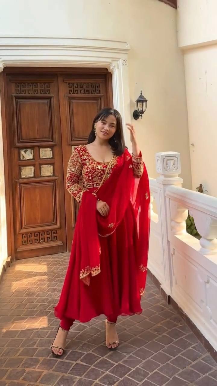 DESIGNER AND EMBROIDERED GOWN AND PANT PAIR WITH DUPATTA IN GEORGETTE