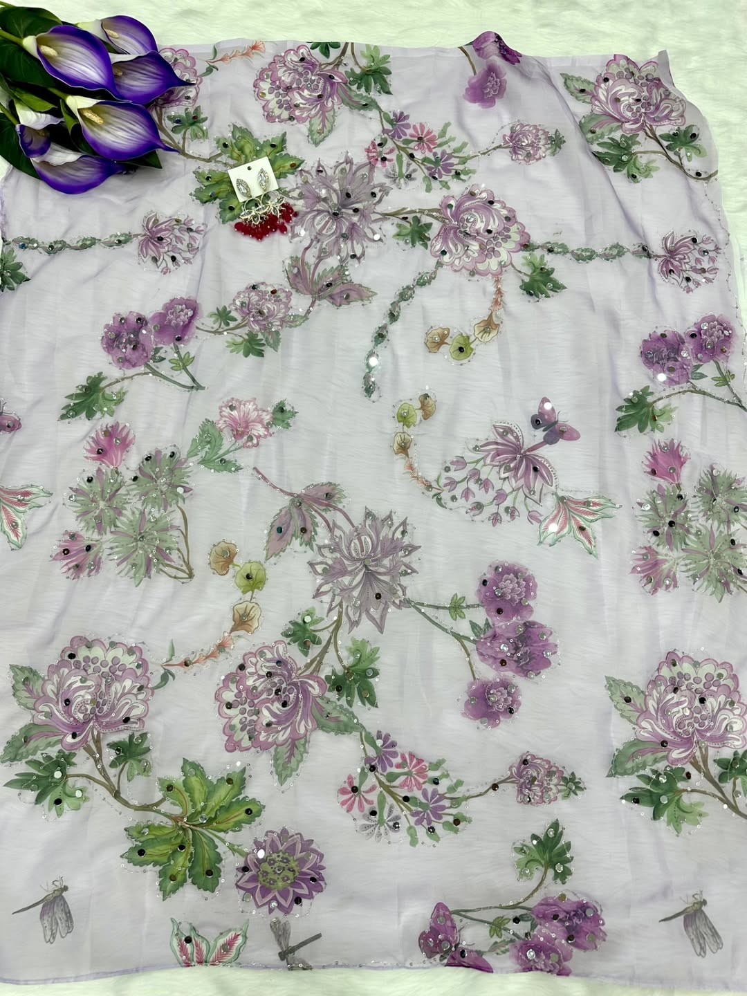 digital print sequence embroidery original mirror work soft silk saree & blouse