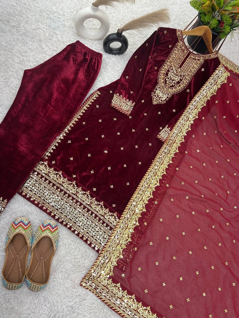 Beautiful Viscose Velvet Salwar Kameez With Faux Georgette Dupatta For Women