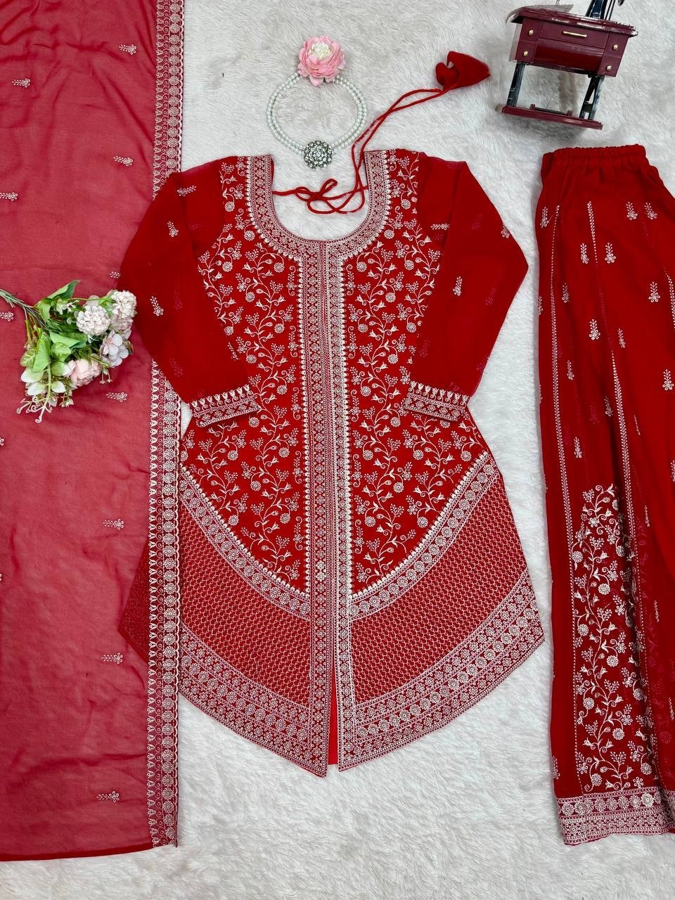 Presenting Faux Georgette Red Palazzo Suit With Dupatta For Wedding Wear