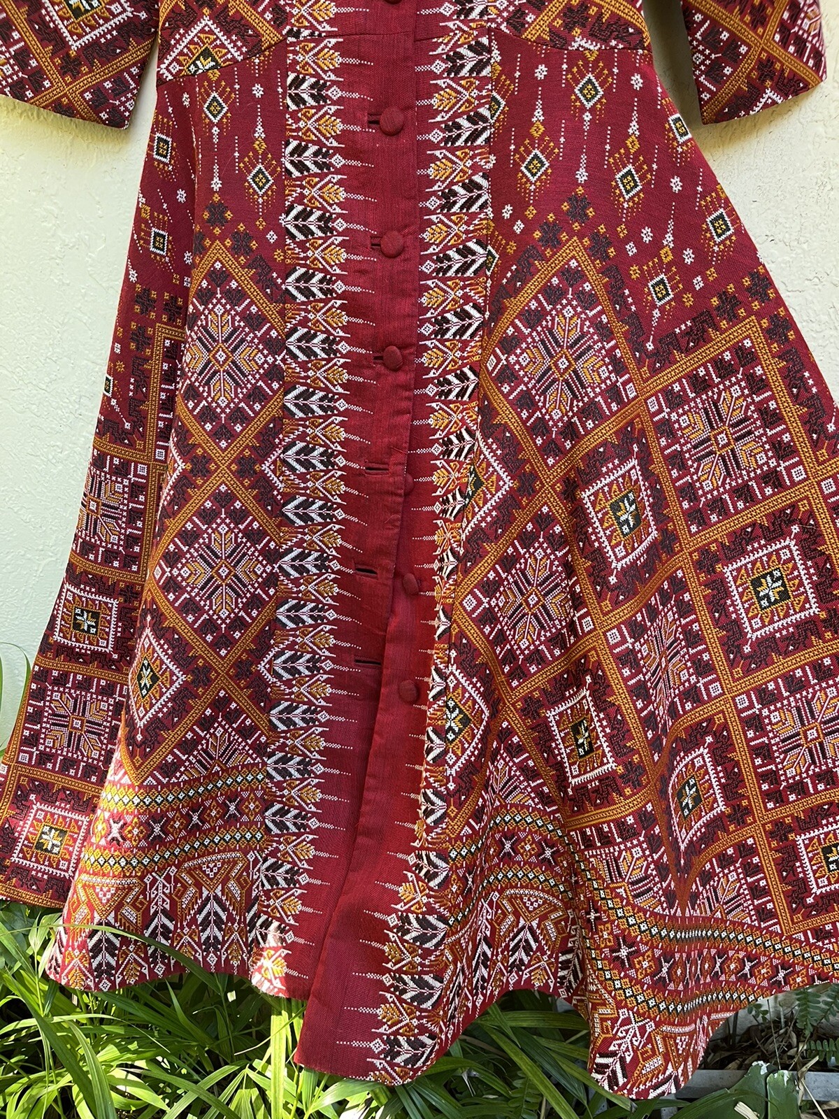 Bohemian VTG Red Handwoven Dress Praewa Silk Fabric Button-Front Maxi Thailand S