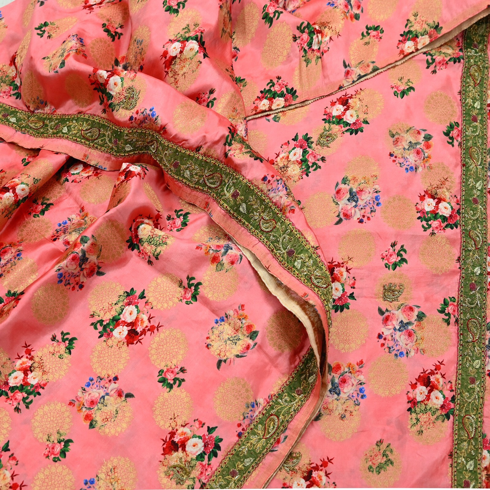 Vintage Peach Sarees Hand Embroidered Woven Brocade Sari Fabric 6Yd Sewing Dabka