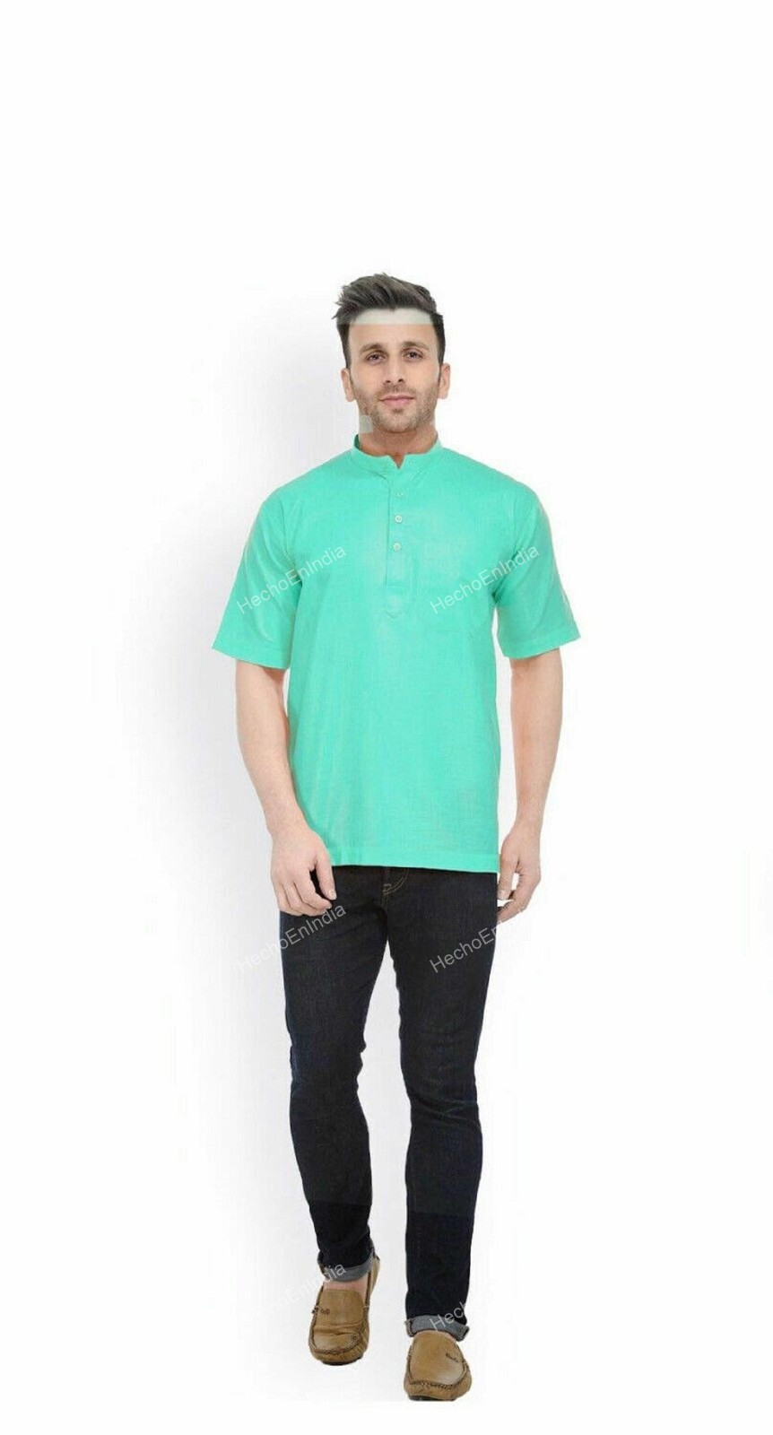 Mens Kurta Indian Button Down Shirt Kurta Solid Tunic Cotton Big Tall half Sleev
