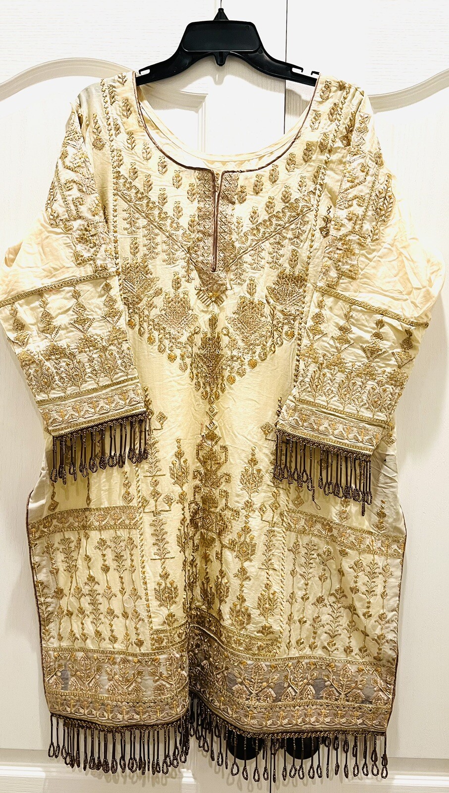 Lovely Off-white shalwar kameez with gold & thread Embroidery w/ Beaded tassels