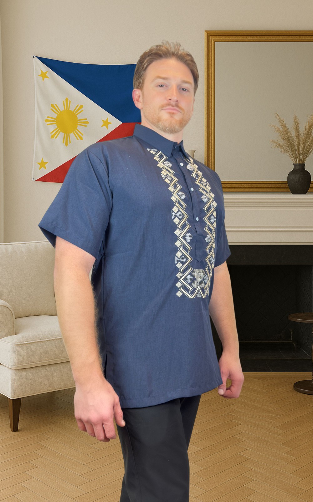 Navy Short Sleeve Wavy-Pattern Cotton Polo Barong Tagalog ORDER US SIZE