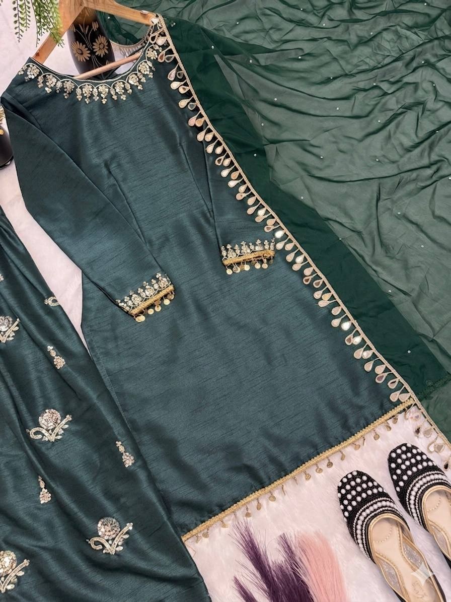 New Presenting Slab Silk Green Salwar Kameez With Dupatta For Indian Party