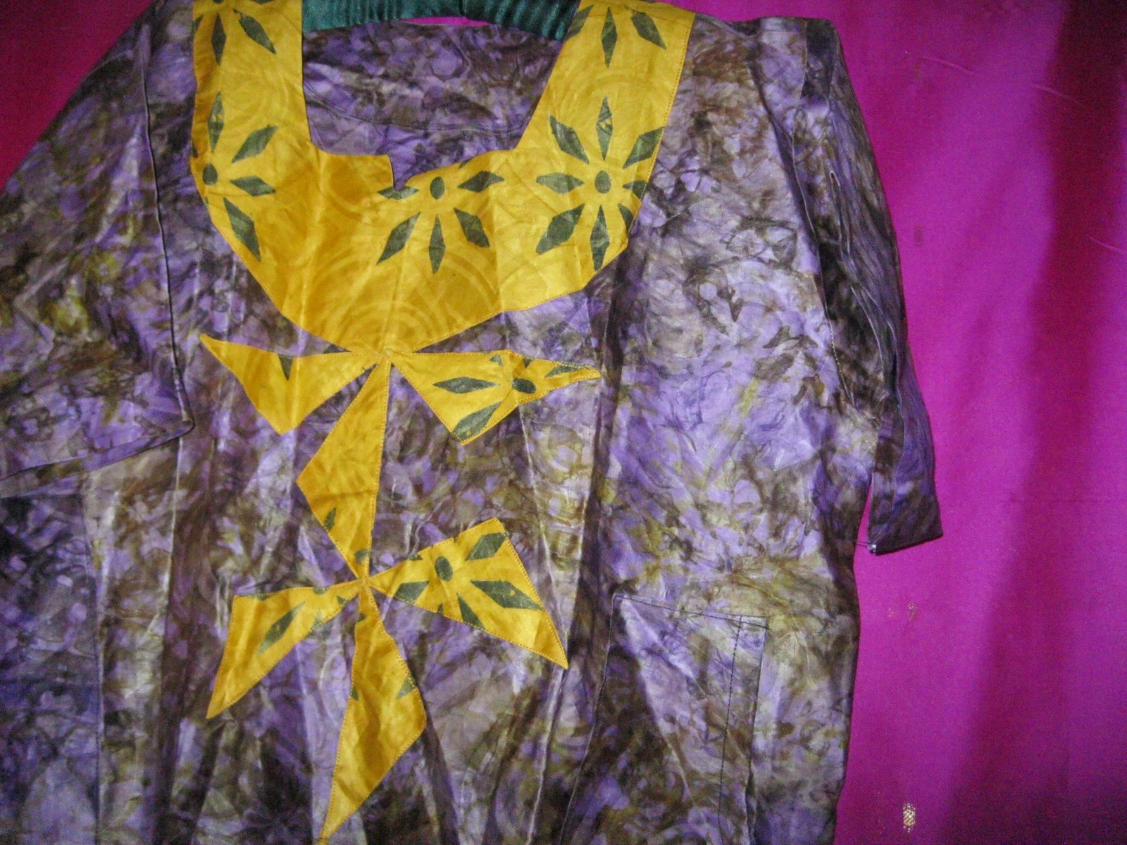 AFRICA, HAND DYED PURPLE/BLACK GARMENT W/ ORANGE TRIM, NEW, SZ.L.