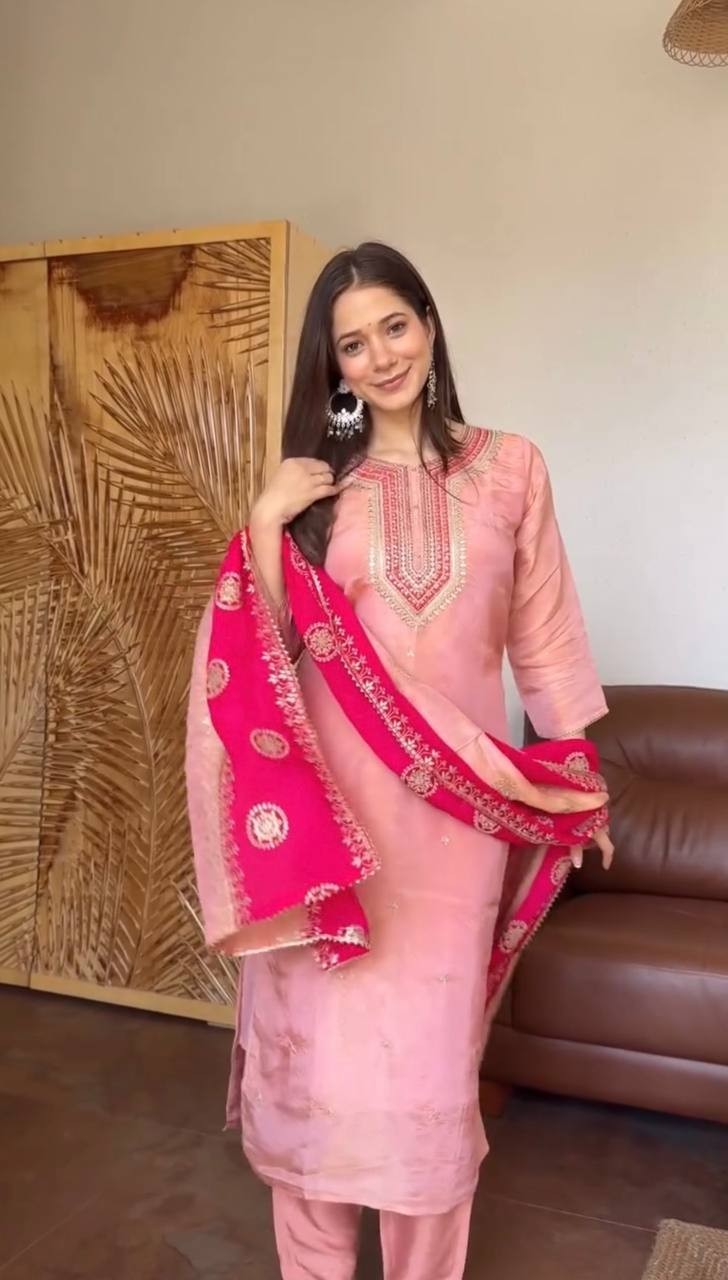 Bollywood Style Silk Pink Salwar Kameez With Fancy Dupatta For Party Wear