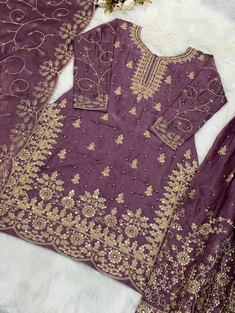 Launching New Pure Silk Dusty Pink Top Palazzo With Dupatta For Women & Girls