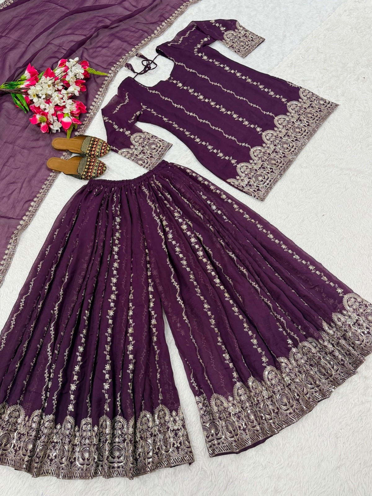Women’s Crunchy Silk Sharara Suit Set Embroidered Kurta Dupatta Party Wear