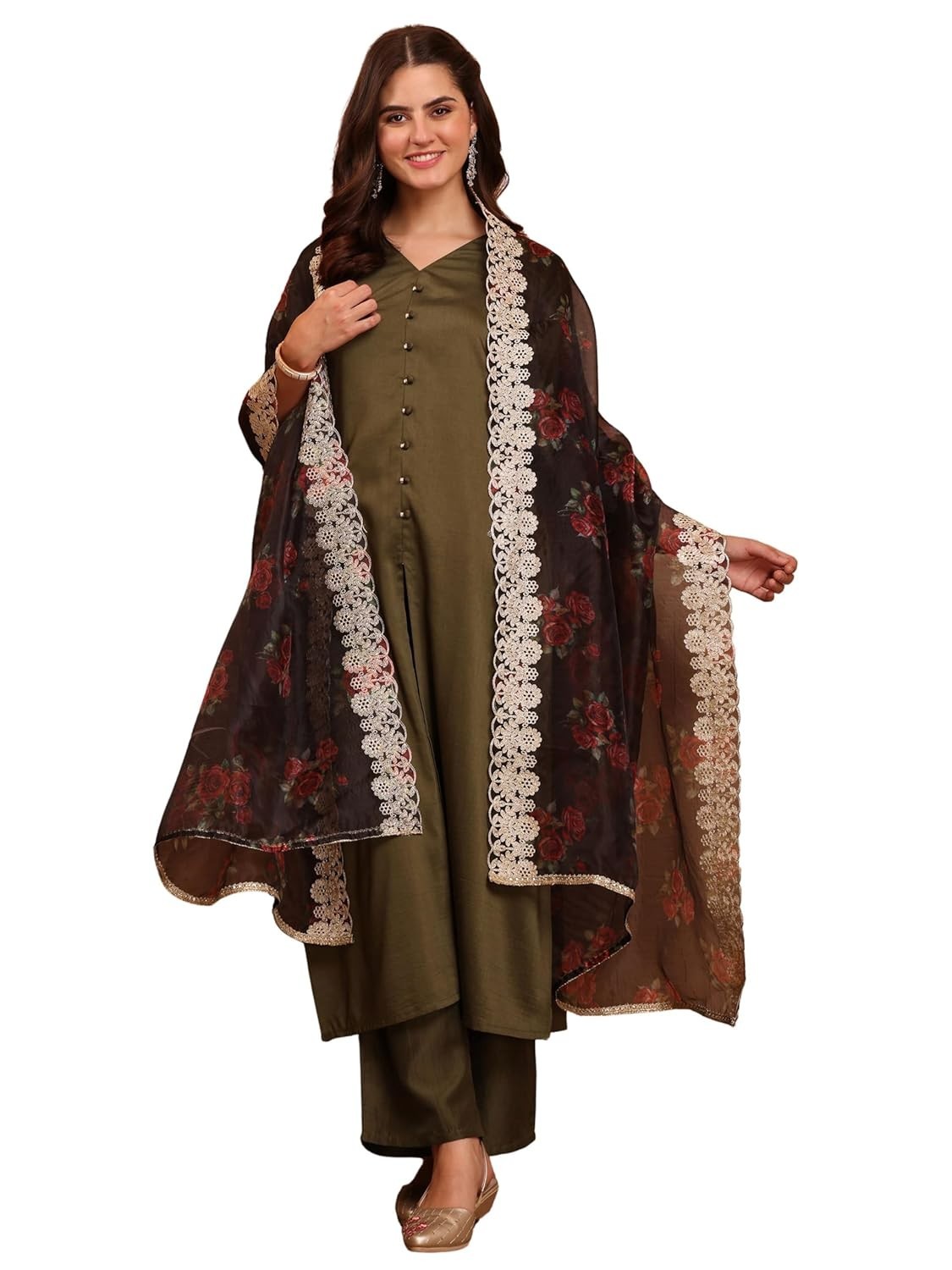 Women’s Cotton Silk Solid Hight Front Slit A-Line Kurta Palazzo &Organza Dupatta