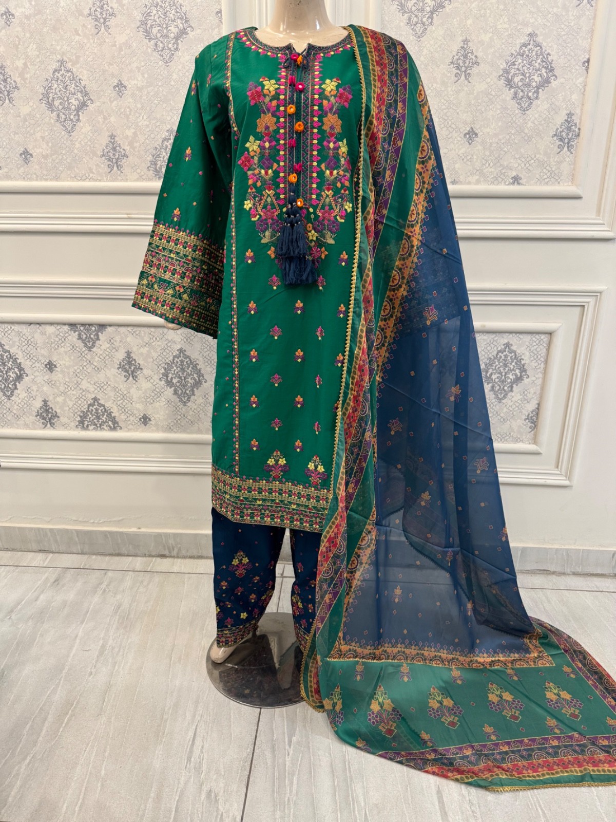 Pakistani Green & Blu luxury cotton/Lawn A-line Shirt 3PCS embroidered dress ,L