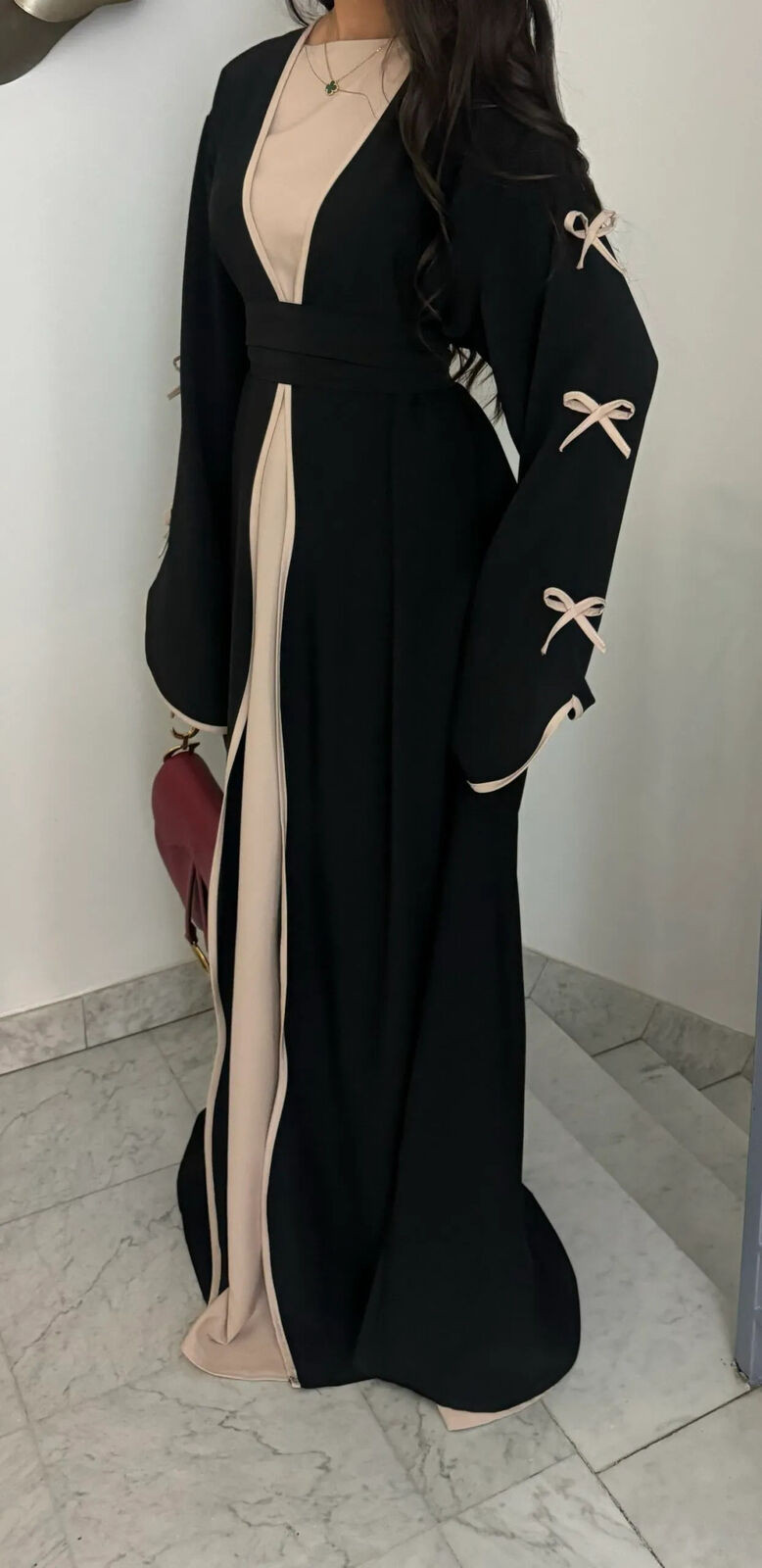 Muslim Eid Gown Modest Abaya Women Bow Batwing Sleeve Kaftan Dress Waist Robe