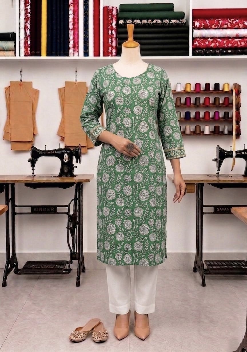 Green Hand Printed Cotton straight kurta set, mother’s day gift, gift for her