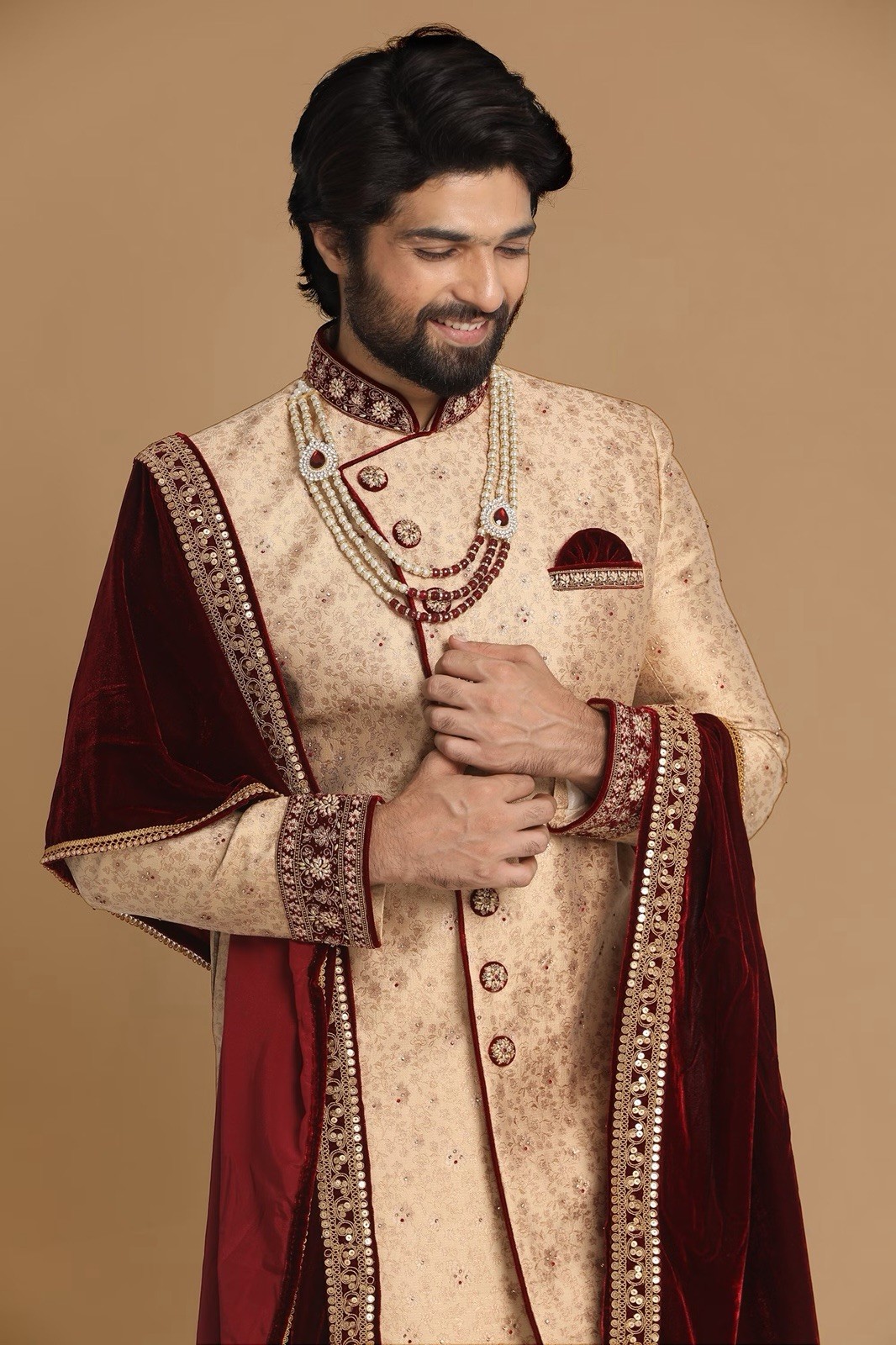 Men’s Beige Embroidered Sherwani Brocade Silk Blend w/ Maroon Dupatta