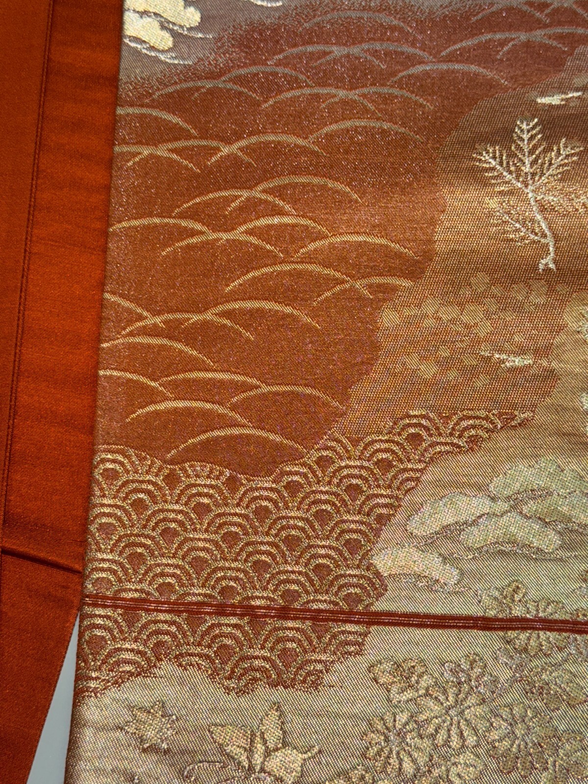 Japanese Vintage Kimono Fukuro Obi silk brown expensive embroidery 167.7×12.2in