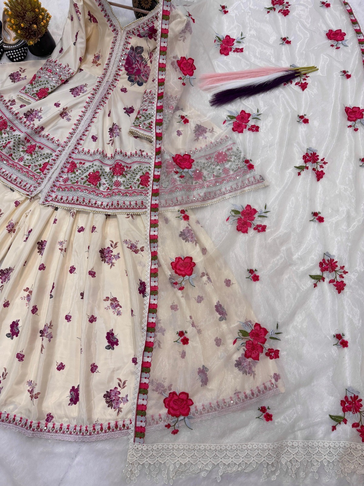Heavy Natural Crep Silk and Multi Cotton Dagha With 5mm Embroidery