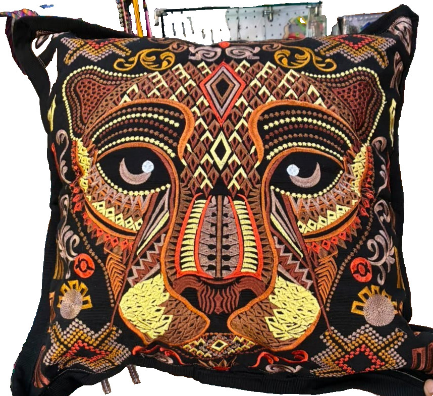 Handmade Jaguar Throw Pillow Cover Artisan Decorative Cushion Cover Blue & Brown